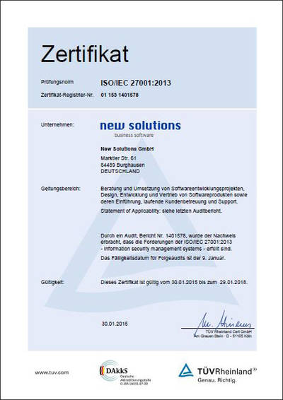 New Solutions GmbH is certified according to ISO/IEC-Norm 27001:2013.