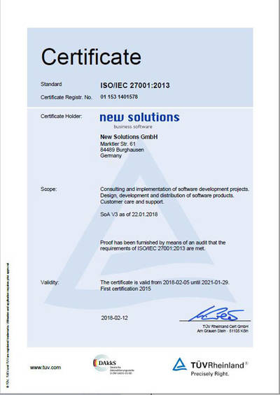 New Solutions GmbH is certified according to ISO/IEC-Norm 27001