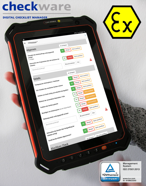 Digital Checklists on mobile devices for ex areas Atex Zone 2 or Atex Zone 1.