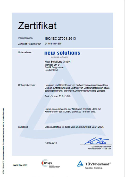 Zertifizierung der New Solutions GmbH nach der  ISO/IEC-Norm 27001:2013.